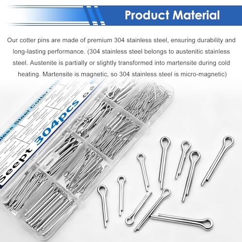 Image of 304Pcs Cotter Pins 24-Sizes 304 Stainless Steel Cotter Pins Assortment Kit Used for Hitch Lock System, Trucks, Engine Repair