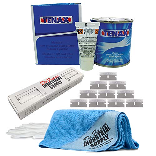 Tenax Travertine Filler Buff Package - 125mL - 16x16 Microfiber Cloth - Razor Blades - Gloves - Bundle - 4 Items