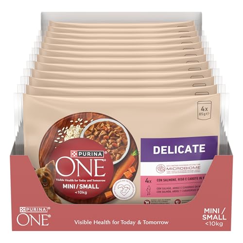PURINA ONE Delicate Small&Mini  10kg Cibo Umido per Cani Adulti in Salsa con Salmone, Riso e Carote 48 bustine da 85g