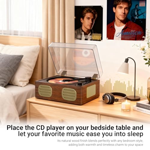 Image of Retro Bluetooth CD Player with Speakers, Portable Desktop Music Player with Headphone Jack, USB /AUX, Rechargeable, Vintage Wood Design Gift for Women Bedroom Decor, No Remote Control (Walnut)