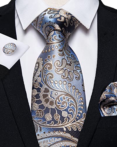 Image of DiBanGu Mens Paisley Tie Set Silk Woven Jacquard Necktie and Pocket Square Cufflinks Gift Set for Wedding Bussiness