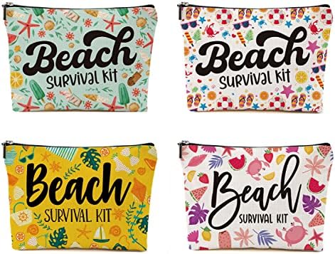 Blue Leaves Beach Survival Kit 4 Pcs Makeup Bags Set for Women Adorable Roomy Travel Cosmetic Bag Waterproof Toiletry Bag Accessories Organizer Gifts for Travel Varsity Women Girls Teens