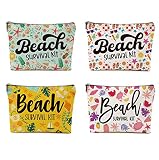 Blue Leaves Beach Survival Kit 4 Pcs Makeup Bags Set for Women Adorable Roomy Travel Cosmetic Bag Wa