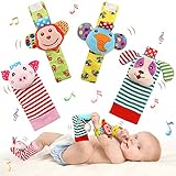 SSK Soft Baby Wrist Rattle Foot Finder Socks Set,Cotton and Plush Stuffed Infant Toys,Birthday Holiday Birth Present for Newborn Boy Girl 0/3/4/6/7/8/9/12/18 Months Kids Toddler,4 Cute Animals