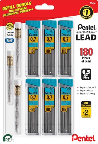 Pentel Super Hi-Polymer HB 7mm Lead Refill Pack - 6 Packs of 30 Leads & 3 Packs of 4 Latex-Free White Erasers - Mechanical Pencil Refills