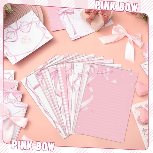 Image of TaoBary 160 Pcs Pink Bow Stationery Paper Set for Girls with Stationery Letter and Envelopes 50 Double Sided Papers with 50 Matching Envelopes and 60 Round Dot Sticker 10 Design (5.5 x 8.25 Inch)