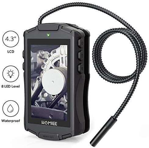 HOMIEE Digital Inspection Camera with 4.3" LCD Monitor, IP67 Waterproof Borescope Endoscope Camera, Adjustable LED Light & 8MM Diameter Semi-Rigid Snake Camera, Portable Tool Carrying Case Included