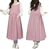 TALIBSA Plaid Apron Dress，Japanese Cotton Linen Cross Back Apron for Women with Pockets，Pinafore Dress with Waist Ties (Red Plaid)