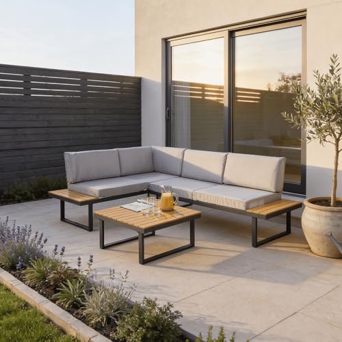 Image of Home Source Ember Corner Sofa Set (Grey) – Polywood & Steel, L-Shaped with Table | 220L x 155W x 64H cm | Outdoor Garden Patio Set