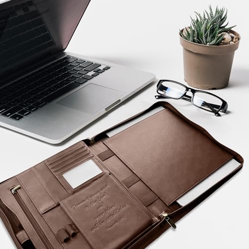 DEHITE Leather Portfolio for Men and Women - Christian Religious Gifts - Padfolio with Laptop Pocket - Letter Size Organizer for Bible Notebook Notepad - Brown Full Grain Zipper Binder