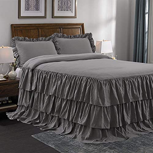 Hig 3 Piece Ruffle Skirt Bedspread Set King - Gray Color 30 Inches Drop Ruffled Style Bed Skirt Coverlets Bedspreads Dust Ruffles - Echo Bedding Collections King Size - 1 Bedspread, 2 Standard Shams #TOP6