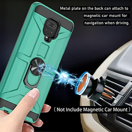 for Redmi Note 9 Pro Case, Note 9s/Note 9 Pro Max Case, with 3 Pcs Tempered Glass Screen Protector, Built-in Ring Kickstand and Magnetic Car Mount Shockproof Dropproof Defend Armor Cover- Mint Green