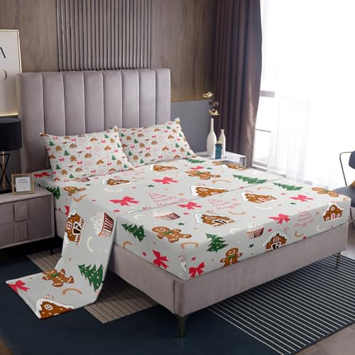 Homemissing Juego de sábanas de Navidad para niñas, tamaño doble, bonito juego de cama con lazo para niños y niñas, hombre de jengibre, sábana bajera ajustable de bolsillo profundo, árbol de Navidad