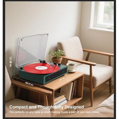 VINYLSLINK Bluetooth Record Player, Vintage Turntable with Treble & Bass Adjustment, Built-in Stereo Speakers, 3-Speed (33/45/78 RPM), Belt Drive, Auto Stop, RCA/AUX/Headphone Jack, Green