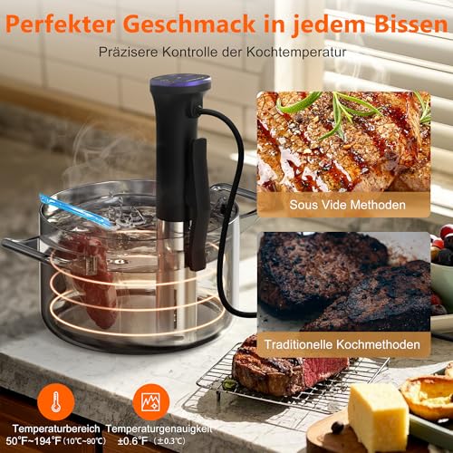 Karienvir Sous Vide Garer Stick 1400W, Wifi Präzisionskocher Präziser, Temperatureinstellung bis 90°C, IPX7 Wasserdicht, Touch-Display Immersion Tauchzikulator mit Timer