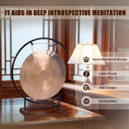 18\" Chinese Gongs on High C Stand,Gongs for Sound Healing,Easy to Assemble Metal Stand,Stand & Mallet Chinese Percussion Instrument Brass Gong Desktop Zen Art for Home Office Celebration