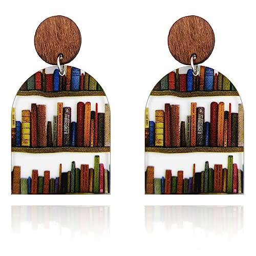 Amazon.com: Bookcase Dangle Earrings with Book Shelves Patterned, Hand ...