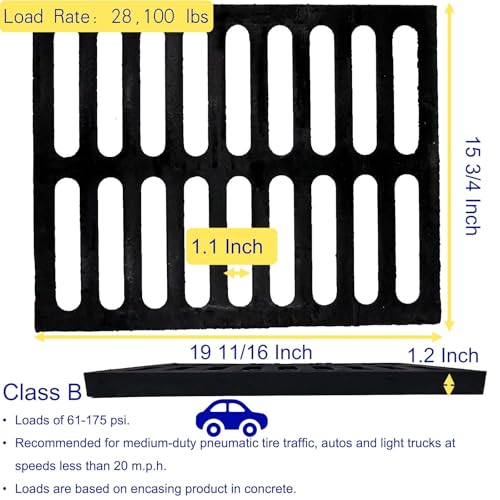 Image of Cast Iron Drain Grate, Driveway Channel Cover 20x16 in C-Class | Heavy-Duty Outdoor Trench Drainage, Black Rectangle Metal Sewer Cover for Garage, Yard, True 19.7x15.7