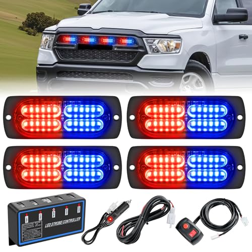 Image of Nilight 4PCS LED Strobe Lights 12V 24V Sync Feature Red Blue | 24LED Emergency Hazard Warning Lights with Controller Hard Wire or Cigarette Lighter Plug for Car Truck RVs Campers