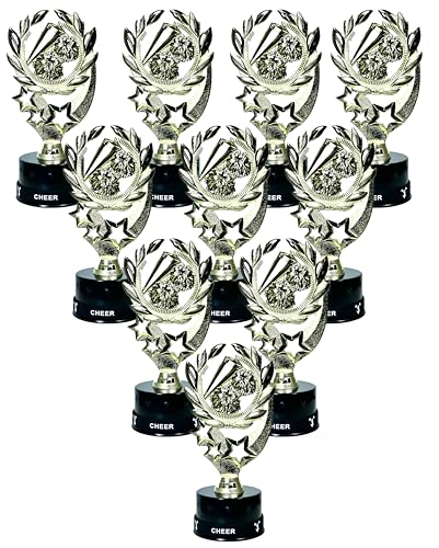 Express Medals 10 Pack of 7 Inch Tall Cheerleading Trophy Awards Includes Silicone Cheer Wrist Band Awards 10 pk 4103 Girls Cheerleader Trophies Award Prize Gift Favor