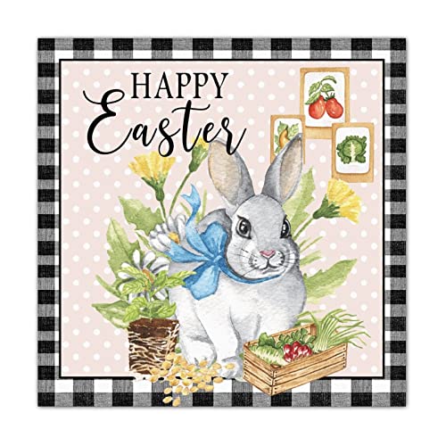 Plaque en bois lapin de Pâques motif Buffalo Check noir et blanc 40cm