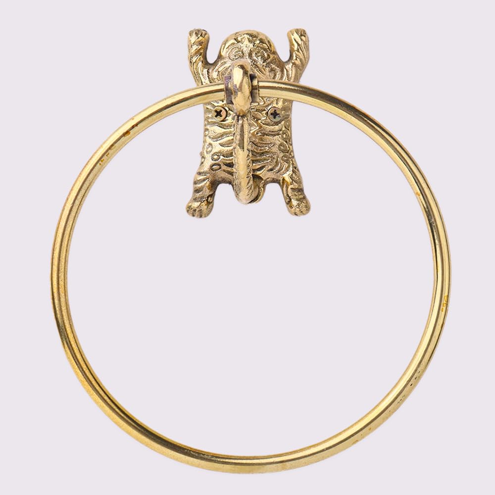 IndianShelf Decorative Tiger Gold Hand Towel Ring Premium Brass Cheetah Towels Holder for Bathroom Bronze Hand Towel Holder Bathroom Wall