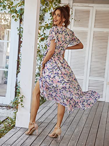 Image of PRETTYGARDEN 2023 Women's Floral Summer Dress V Neck Short Sleeve Ruffle Hem A-Line Boho Maxi Dresses