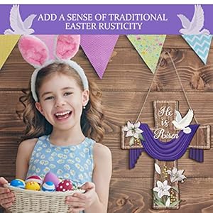 BBTO Easter Door Sign He Is Risen Hanging Decor Religious Cross Sign Easter Wreaths for Front Door Christian Flowers Lent Hanging Hanger for Farmhouse Front Porch Wall Decor131 x 106 Inches
