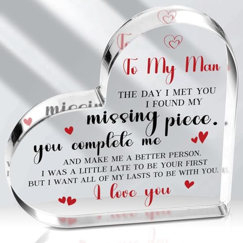 To My Man Fiance Gifts for Him Boyfriend Husband Acrylic Heart Keepsake Romantic Anniversary Wedding Gifts for Husband Birthday Christmas I Love You Gifts for Him Valentines Day Gifts Sweetest Day