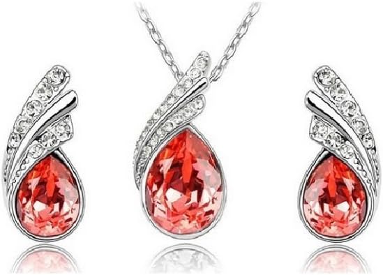 Crystal Droplet Silver and Red/Orange Elegant Earrings & Necklace Jewellery Set
