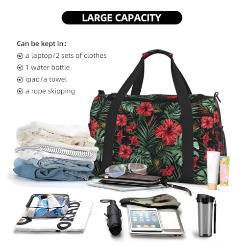 Red Hibiscus Duffle Bag for Travel Aloha Palm Leaf Monstera Tropical Carry on Bag Travel Bags for Men Canvas Travel Duffel Bag Carry On Luggage Bags Overnight Weekend Gym Bag4