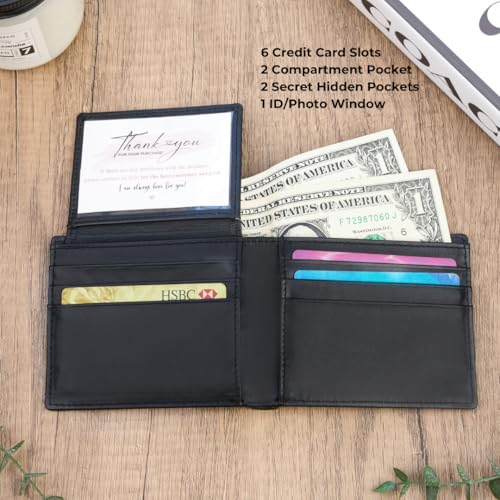 Image of Men's Black Leather Bifold Wallet RFID Blocking Front Pocket Security Passcase Cowhide Durable Extra Capacity Billfold 6 Credit Cards with Flip-out ID Window Classic Handmade Gift For Him VINAM-B-01