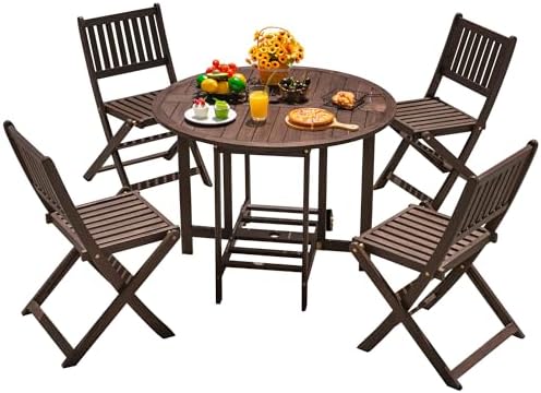 Devoko 5 PCS Patio Furniture, Patio Dining Set Acacia Wood Outdoor Table and Chairs, with 4 Folding Chairs and 37" Round Movable Table, Outdoor Dining Set for Lawn, Balcony, Garden (Deep Brown)