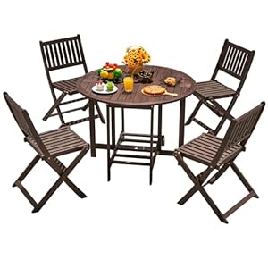 Devoko 5 PCS Patio Furniture, Patio Dining Set Acacia Wood Outdoor Table and Chairs, with 4 Folding Chairs and 37″ Round Movable Table, Outdoor Dining Set for Lawn, Balcony, Garden (Deep Brown)