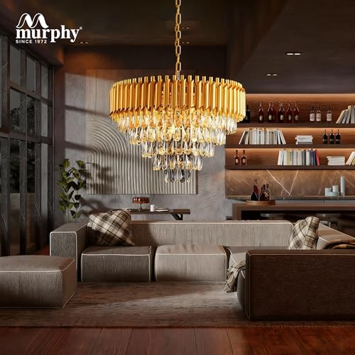 Image of Murphy Radiance 600mm Golden Crystal Pendant Light | Modern Round Ceiling Chandelier for Living Room, Bedroom & Hall (Antique Gold, 3-in-1 LED Plate - Warm White, Natural White, Cool White, Pack of 1)