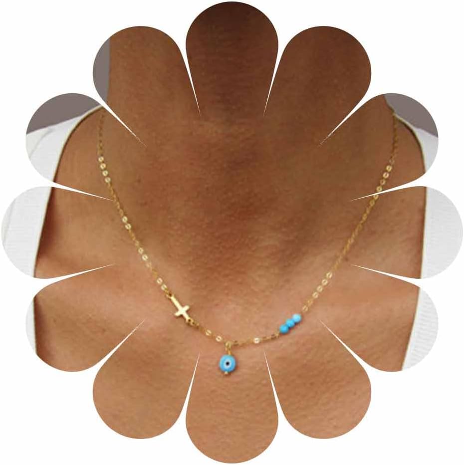 Boho Turquoise Choker Necklace with Turquoise Cross Pendant - Religious Crucifix Evil Eye Cross Jewelry for Women