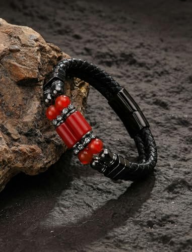 Pulsera de cuero para hombre con piedras naturales ajustable miniatura 2