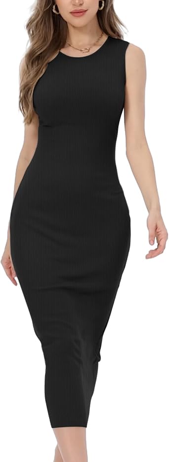 Womens Ribbed Knit Maxi Tank Dress Stretchy Sleeveless Bodycon Ankle Length