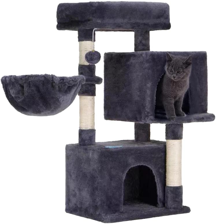Hey-brother Cat Tree, Cat Tower with 2 Cozy Plush Condos,Sisal Posts,Basket, Smoky Gray MPJ005SG