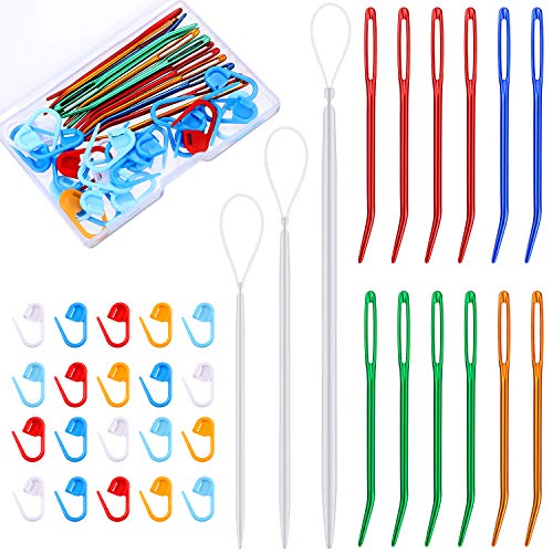 15 Pieces Yarn Needle Set Large Eye Needles Bent Tip Tapestry Needles Wool Needle Sewing Needles with 25 Pieces Plastic Stitch Markers for Weaving Knitting Projects