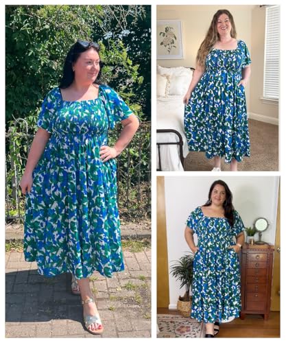 Image of RITERA Plus Size Dresses for Curvy Women Square Neck Short Sleeve Summer Floral Smocked Maxi Dress with Pocket XL-5XL