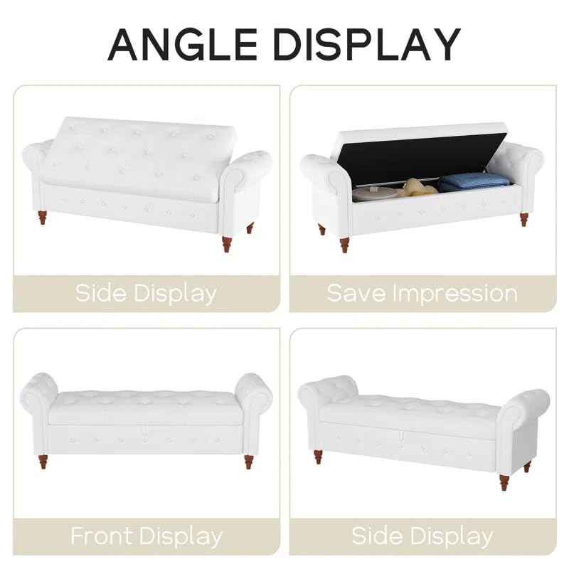 Image of LEGACY OF COMFORT F4 Velvet Upholstered Storage Bench Sofa Bench Sofa couches Rolled Arm Window Bench Ottoman Bench 2 Seater Sofa Chaise Lounger or Living Room Bedroom Office (White Velvet)