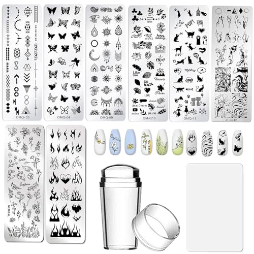 AddFavor Nail Stamper Kit 8pcs Stamping Plates Minimalist Geometric Lines Leaf Image Template for DIY Decorating Polish Gel Plate Print Stamper Manicure Stencils Tools (Mixed-Style D)