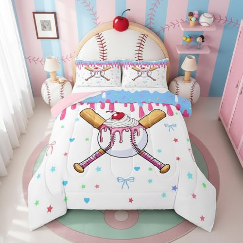 Castle Fairy Baseball Cream Bedding Set King Size,Ball Gaming Sweet Bowknot Comforter Set with 2 Pillowcases,Cute Sport Style Bed Quilt,Pink Bule White Quilt Sets Home Decor,Women Men Birthday Gift