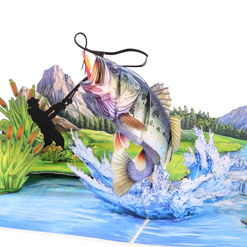 Bass Fishing Pop Up Birthday Card for Men, 3D Fishing Birthday Card For Dad, Husband, Brother, Son, Grandpa, Fisherman Gift, All-Occasion Fathers Day, Birthday, Outdoor, Thank You, Retirement