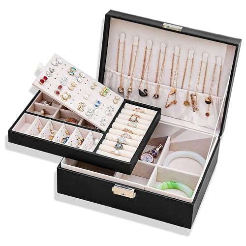 Sulfar PU Leather 2-Layer Jewelry Box for Women | 74 Stud Earring Holes with Lock | Travel Organizer Case (Black)
