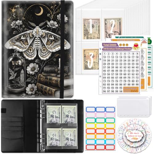 SOMFUAKA 100 Envelopes Savings Challenge Binder, Moth Candle Moon