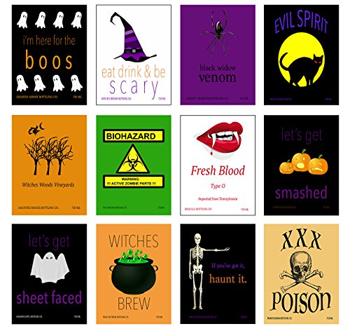 Halloween Wine Bottle Labels Can Labels (12 Pack) Use On Wine Beer Soda Scary Spooky Funny 4 x 5 Inch Funny Easy to Use