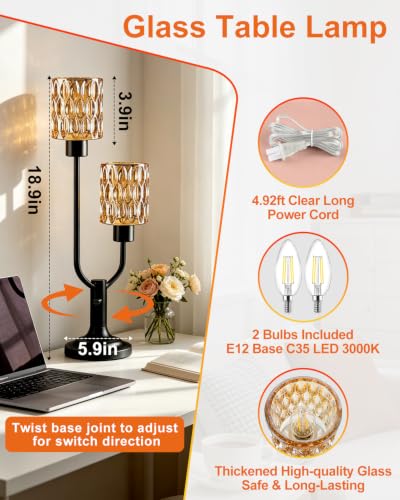 Image of Lightdot Nightstand Lamps Set of 2 Vintage Amber Glass Table Lamp Dimmable