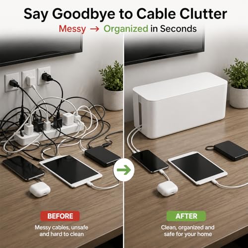[Set of 3] 3 Cable Management Boxes + 3 Wire Ties, Large Cord Box Organizers to Hold and Hide Power Strip Charger Adapter Power Cord Charging Station USB HUB (White) by Jung Ford - Used condition - Image 2